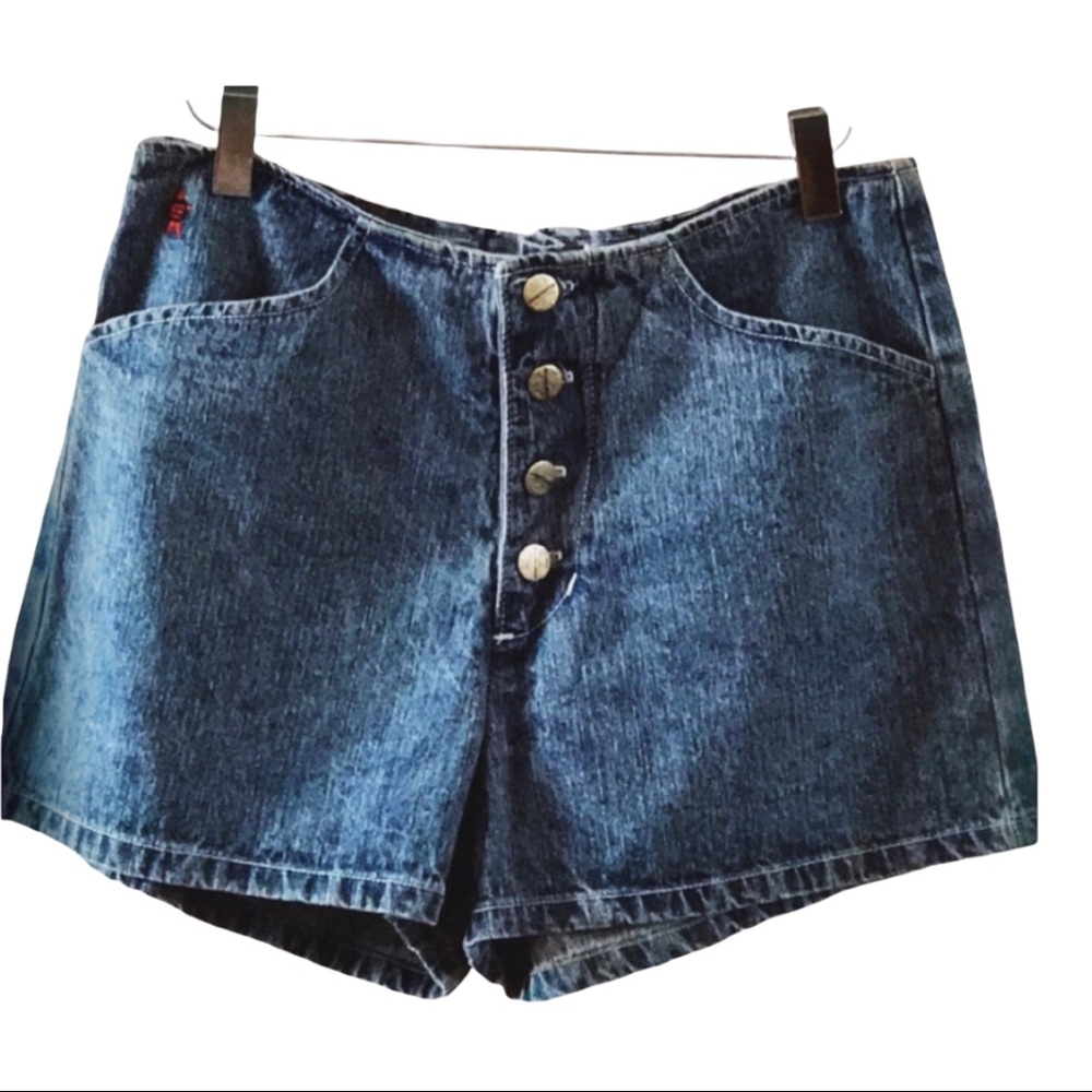 Evolution Not Revolution High Rise Button Fly Back Tie Old School Shorts 11